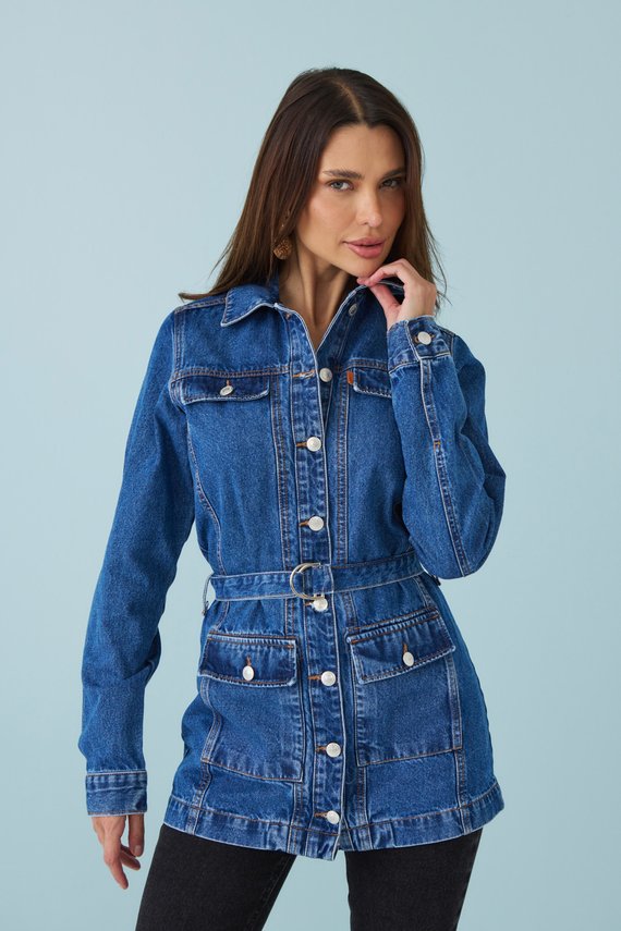 Jaqueta Jeans Feminina Parka Alongada Manga-Longa- DZ9264