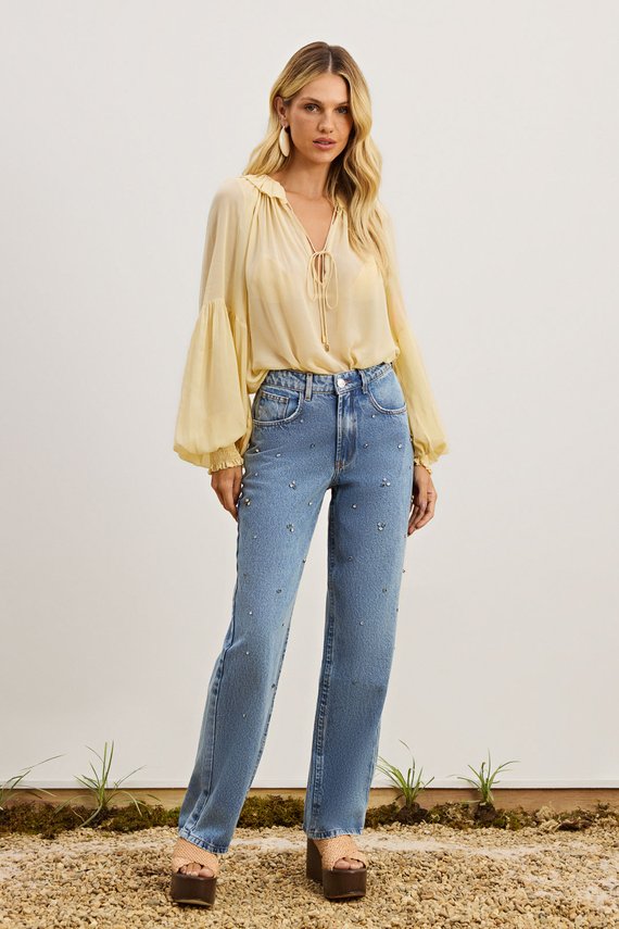 Calça Feminina Atenas Reta com Cintura Alta Tradicional - IDX20372.STRASS