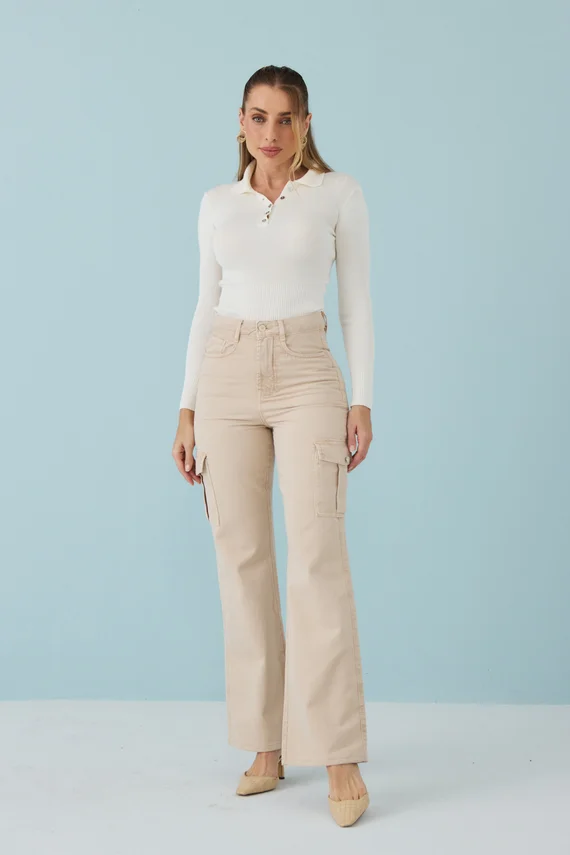 Calça Jeans Feminina Wide Leg Alongada Cintura Alta - DZ21329.BEG
