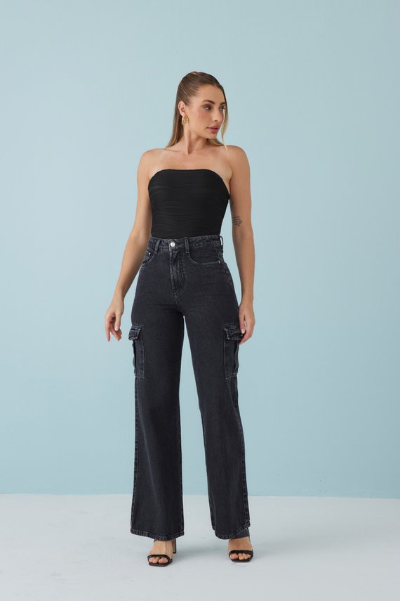 Calça Jeans Feminina Wide Leg Alongada Cintura Alta - DZ21498