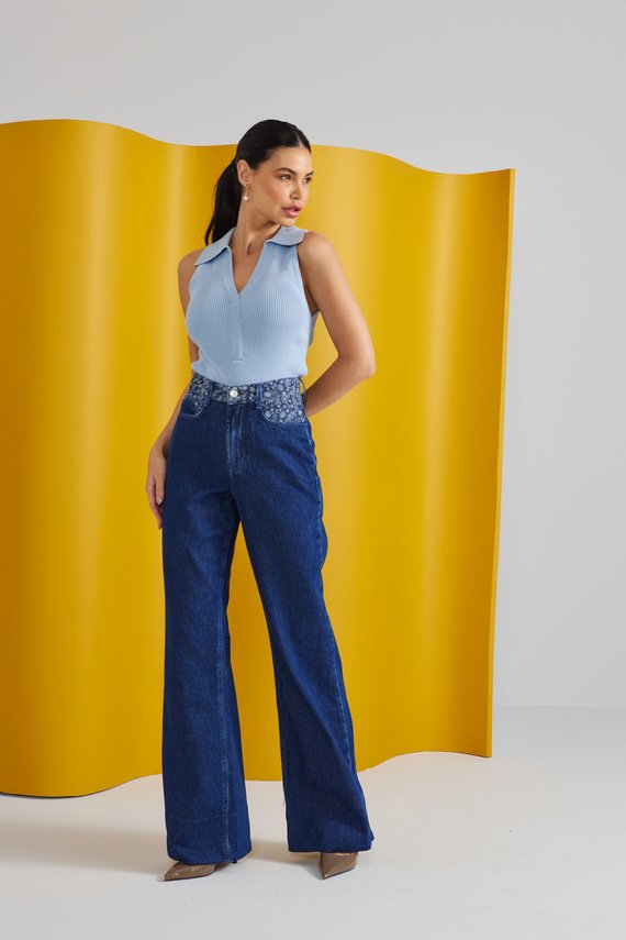 Calça Jeans Feminina Wide Leg Alongada Cintura Alta - DZ21483