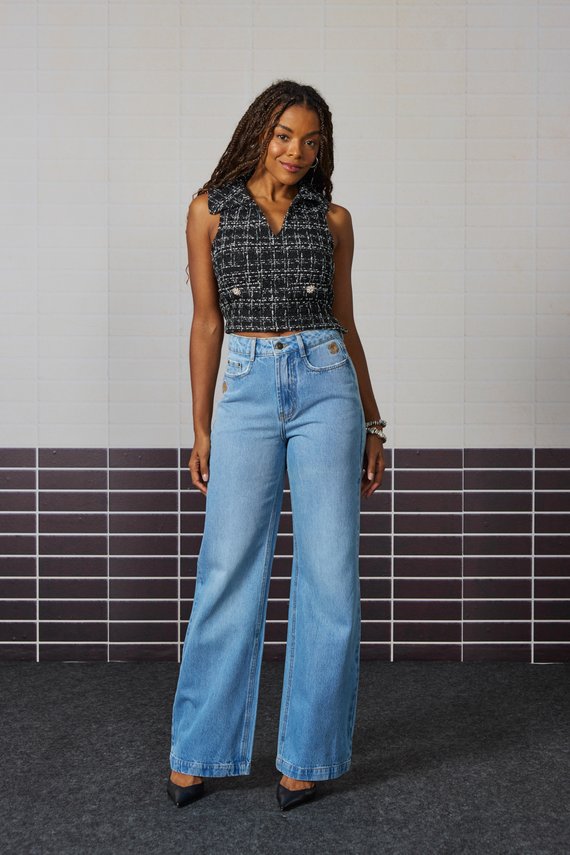 Calça Jeans Feminina Wide Leg Alongada Cintura Alta - DZ21482