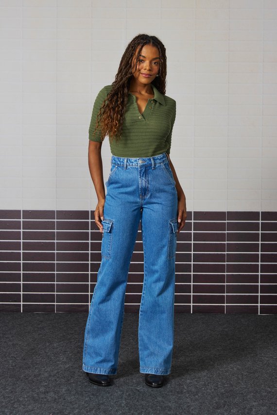 Calça Jeans Feminina Wide Leg Alongada Cintura Alta - DZ21328