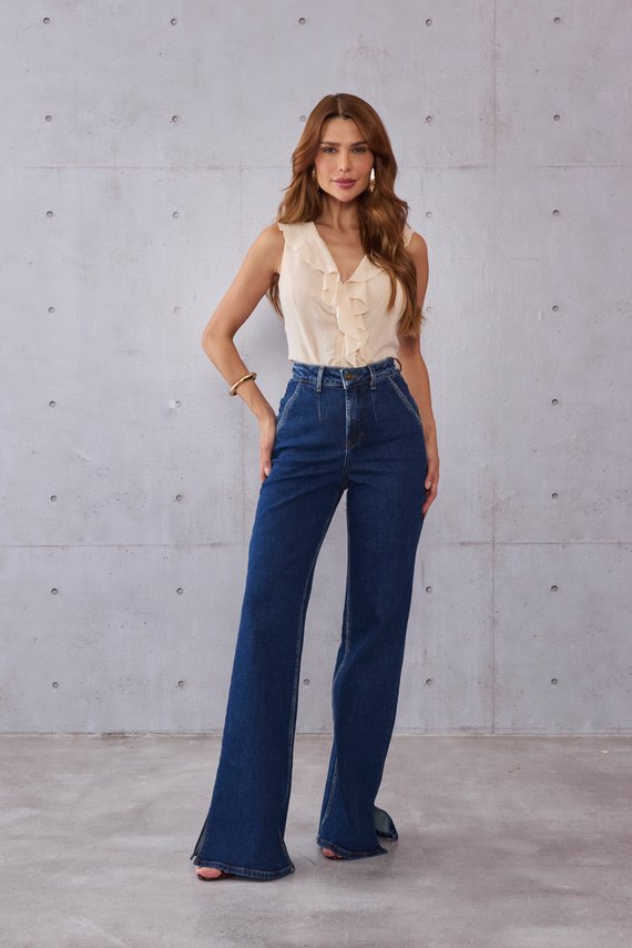 Calça Jeans Feminina Wide Leg Fit Alongada Cintura Alta- DZ21523