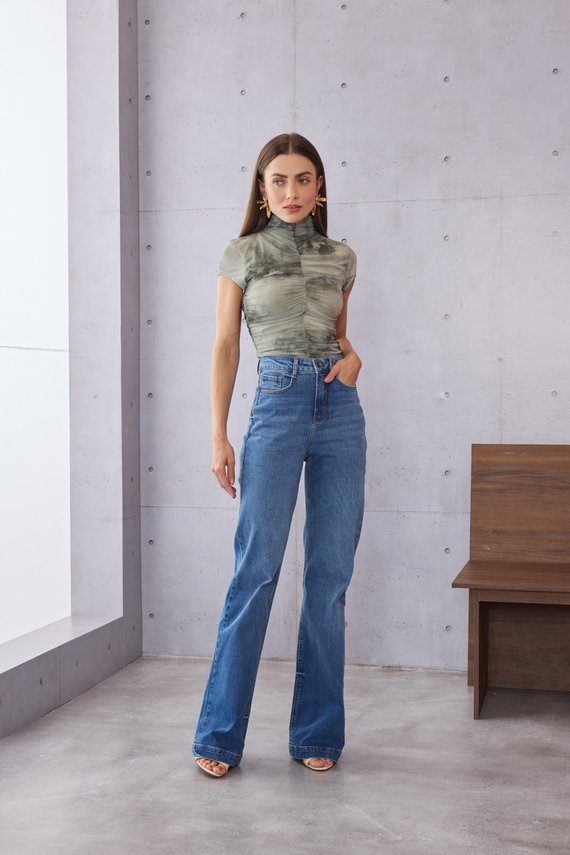 Calça Jeans Feminina Wide Leg Fit Super Alongada Cintura Alta - DZ21526