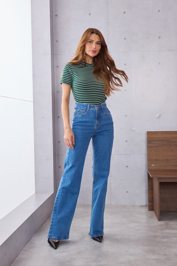 Calça Jeans Feminina Wide Leg Fit Alongada Cintura Alta- DZ21522