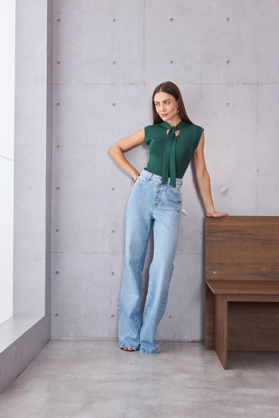 Calça Jeans Feminina Wide Leg Alongada Cintura Alta - DZ21521