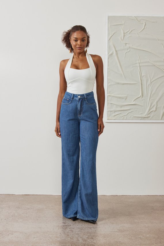Calça Jeans Feminina Wide Leg Alongada Cintura Alta - DZ21520