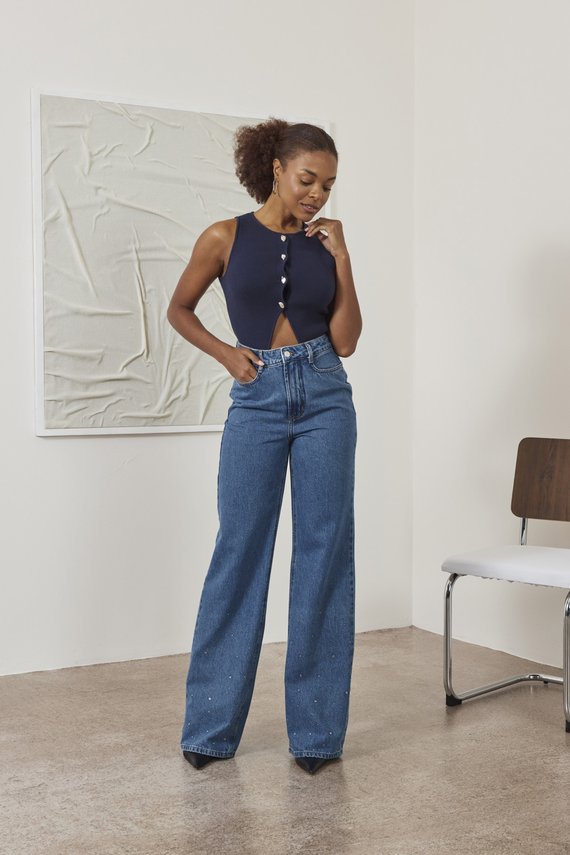 Calça Jeans Feminina Wide Leg Alongada Cintura Alta - DZ21561