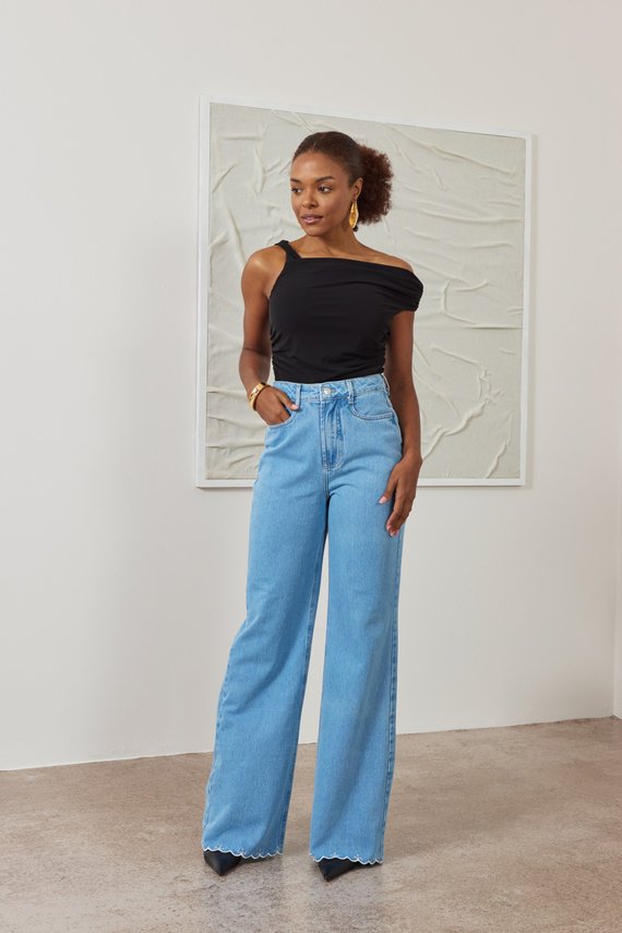 Calça Jeans Feminina Wide Leg Alongada Cintura Alta - DZ21560