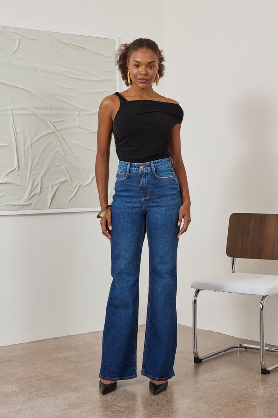 Calça Jeans Feminina Wide Leg Fit Alongada Cintura Alta - DZ21564