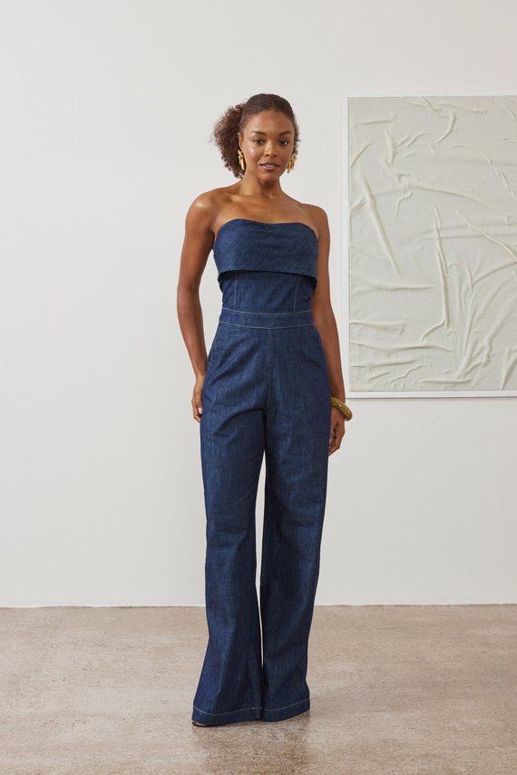 Macação Jeans Feminino Wide Leg Alongado Sem Mangas - DZ8057