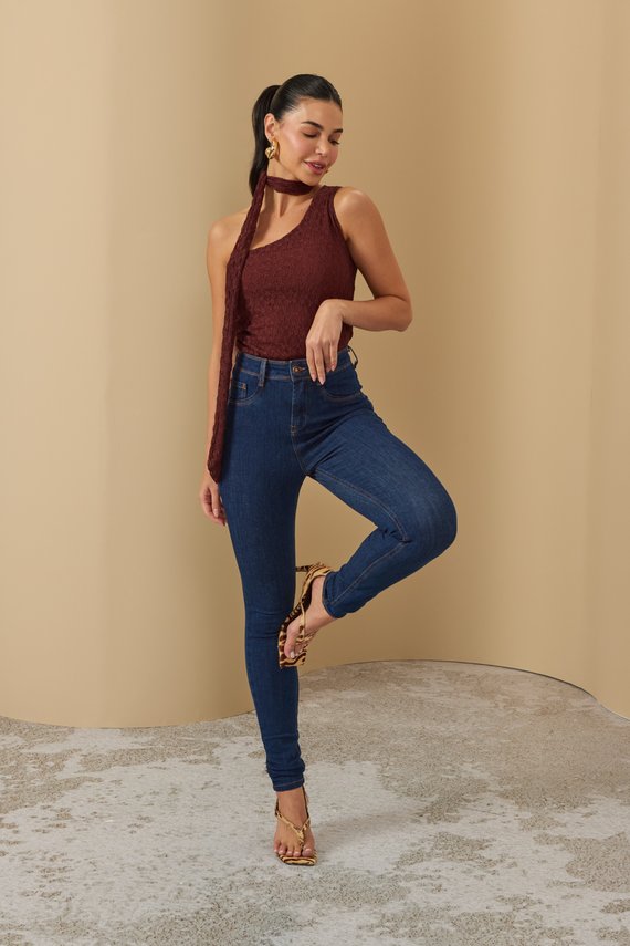Calça Jeans Feminina Skinny Escura Cintura Média - DZ20371