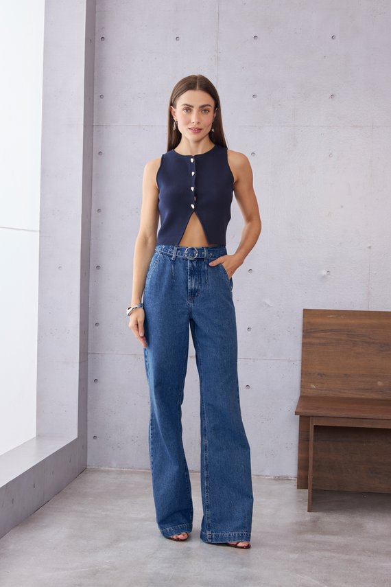 Calça Jeans Feminina Wide Leg Alongada Cintura Alta- DZ21536