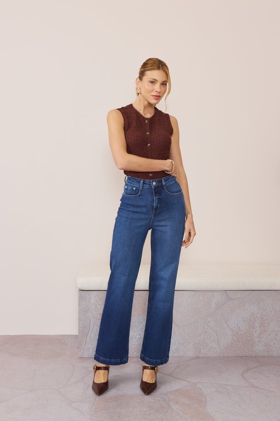 Calça Jeans Feminina Wide Leg Fit Cigarrete Cintura Alta - DZ21657