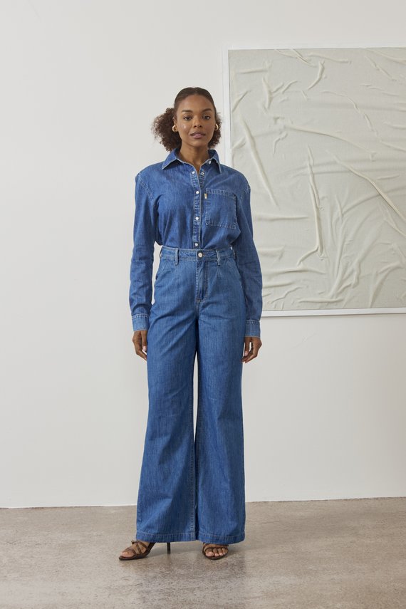 Calça Jeans Feminina Wide Leg Alongada Cintura Alta - DZ21559