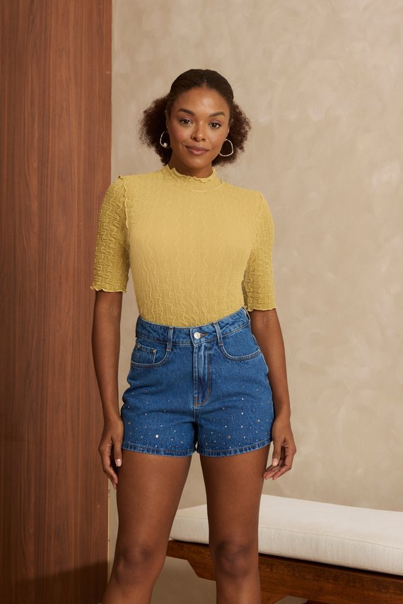 Shorts Jeans Feminino Mom Curto Cintura Alta - DZ6898