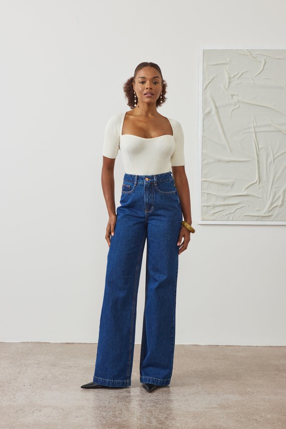 Calça Jeans Feminina Wide Leg Alongada Cintura Alta- DZ21558