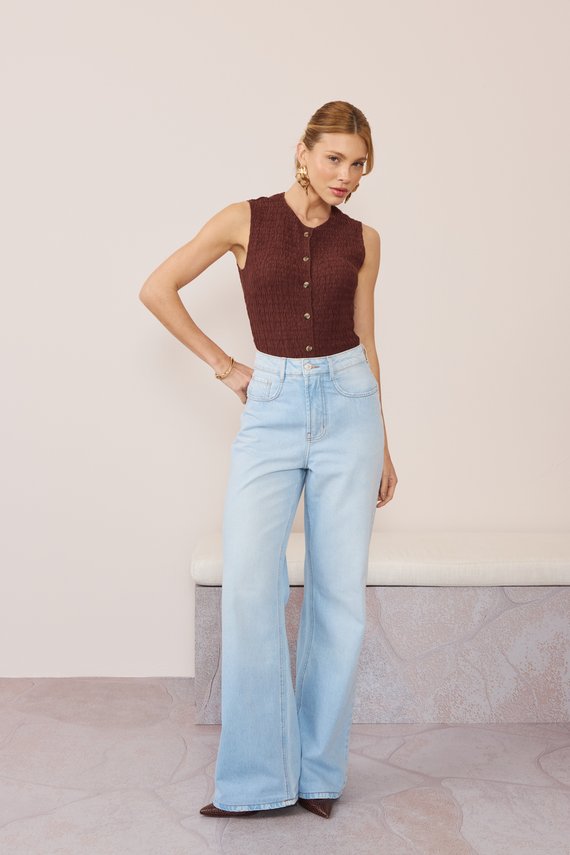 Calça Jeans Feminina Wide Leg Alongada Cintura Alta - DZ21308