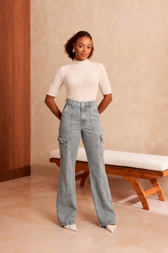 Calça Jeans Feminina Wide Leg Alongada Cintura Alta - DZ21588
