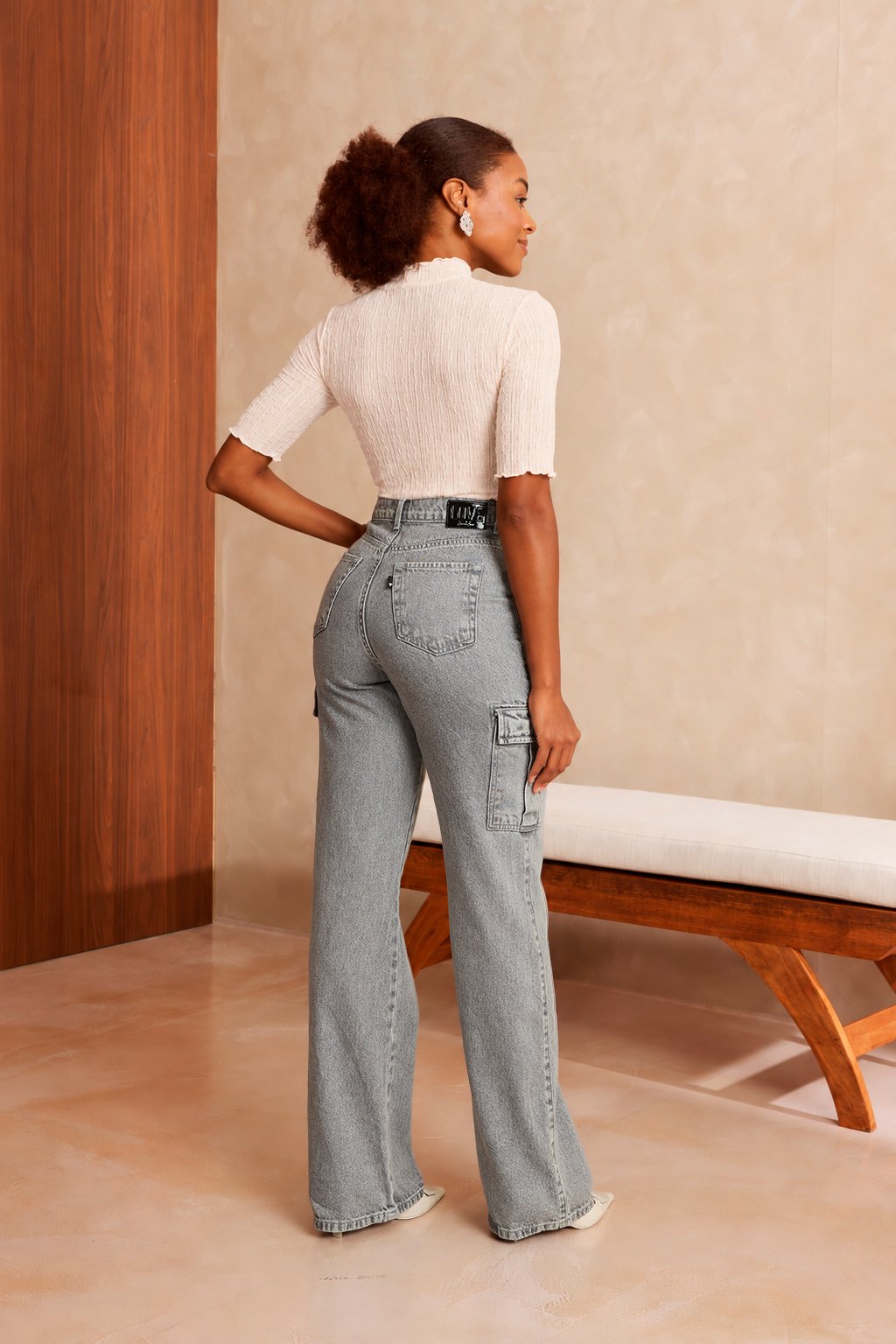 dz21588 alg calca jeans feminina wide leg alongada cintura alta costas 3