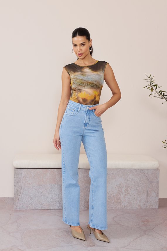 Calça Jeans Feminina Wide Leg Fit Cigarrete Cintura Alta- DZ21616