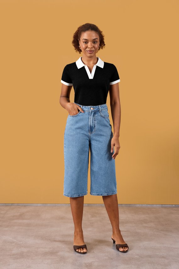 Bermuda Jeans Feminina Retro Super Alongada Cintura Alta- DZ4163