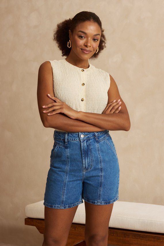 Bermuda Jeans Feminina Retro Meia-Coxa Cintura Alta - DZ4147